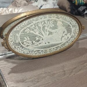 Antique Oval Lace Tray with Gold Frame